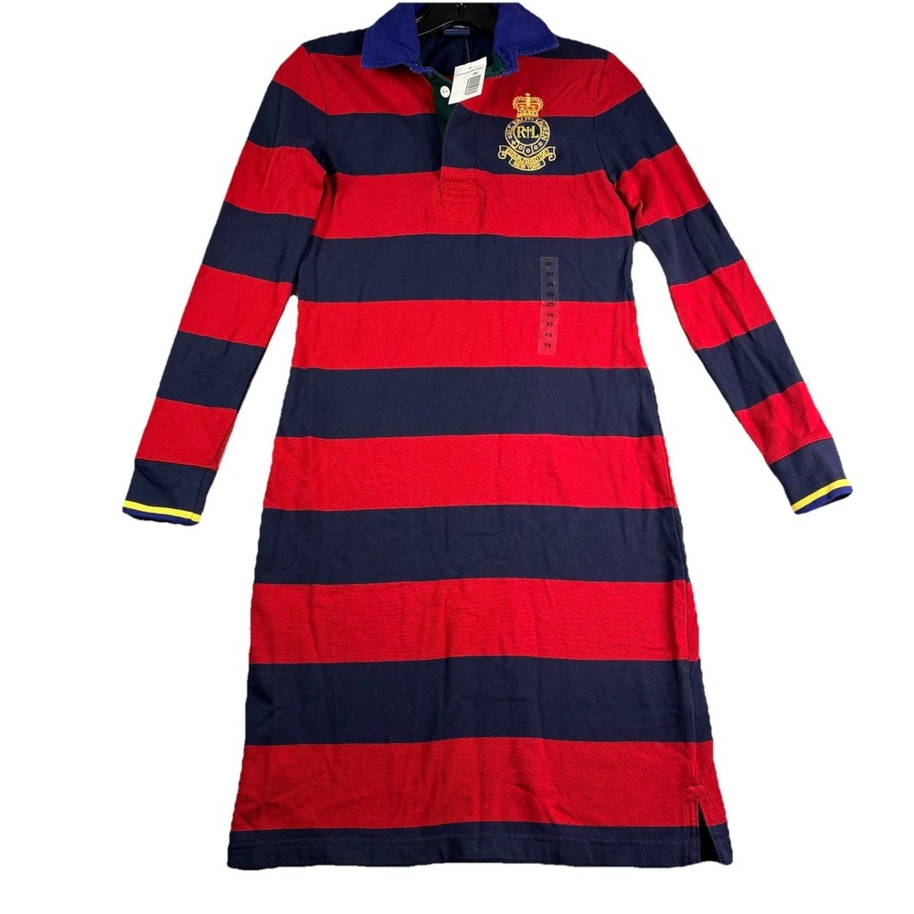 Ralph Lauren  Rugby Dress Women's XS Red Navy Long Sleeve Striped Crest Preppy